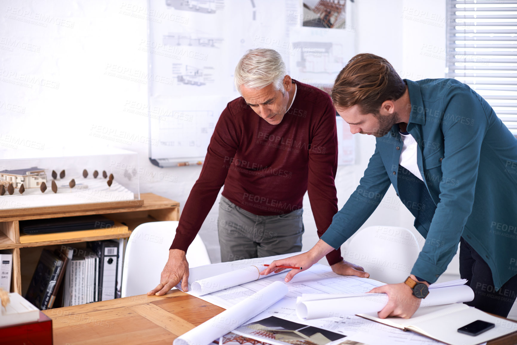 Buy stock photo Coworker, men and blueprint with design at office with pencil for drawing a building renovation, construction and project as architects. Business, people and teamwork on task, draft and layout