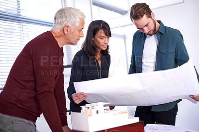 Buy stock photo Coworker, idea and blueprint with design at office with drawing for building renovation, teamwork as architect. Business, people and collaboration on task, planning and layout or illustration.