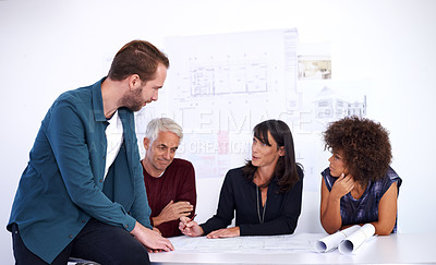 Buy stock photo Blueprint, meeting and business people with teamwork, architecture and planning in a meeting. Staff, coworkers and men with women or partnership with construction and engineering with design or ideas