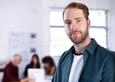 Buy stock photo Portrait, meeting and teamwork with architect man in office together, ready for building, design or planning. Face, architecture and construction with confident young developer team in workplace