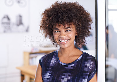 Buy stock photo Black woman, smile and portrait in office or workplace for project or meeting with casual outfit. Businesswoman, entrepreneur and corporate at work with confident or professional in boardroom