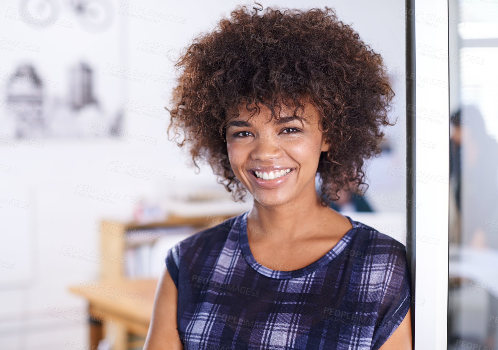 Buy stock photo Black woman, smile and portrait in office or workplace for project or meeting with casual outfit. Businesswoman, entrepreneur and corporate at work with confident or professional in boardroom