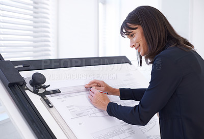 Buy stock photo Drawing, blueprint and architect planning on board with creative ideas for industrial project or development. Woman, sketch and happy with floor plan, architecture or brainstorming process in office