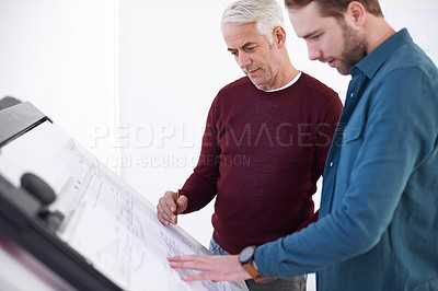 Buy stock photo Architecture, collaboration and draft table with business people meeting in boardroom of office for construction. Building, creative and man architect team in looking at blueprint in workplace