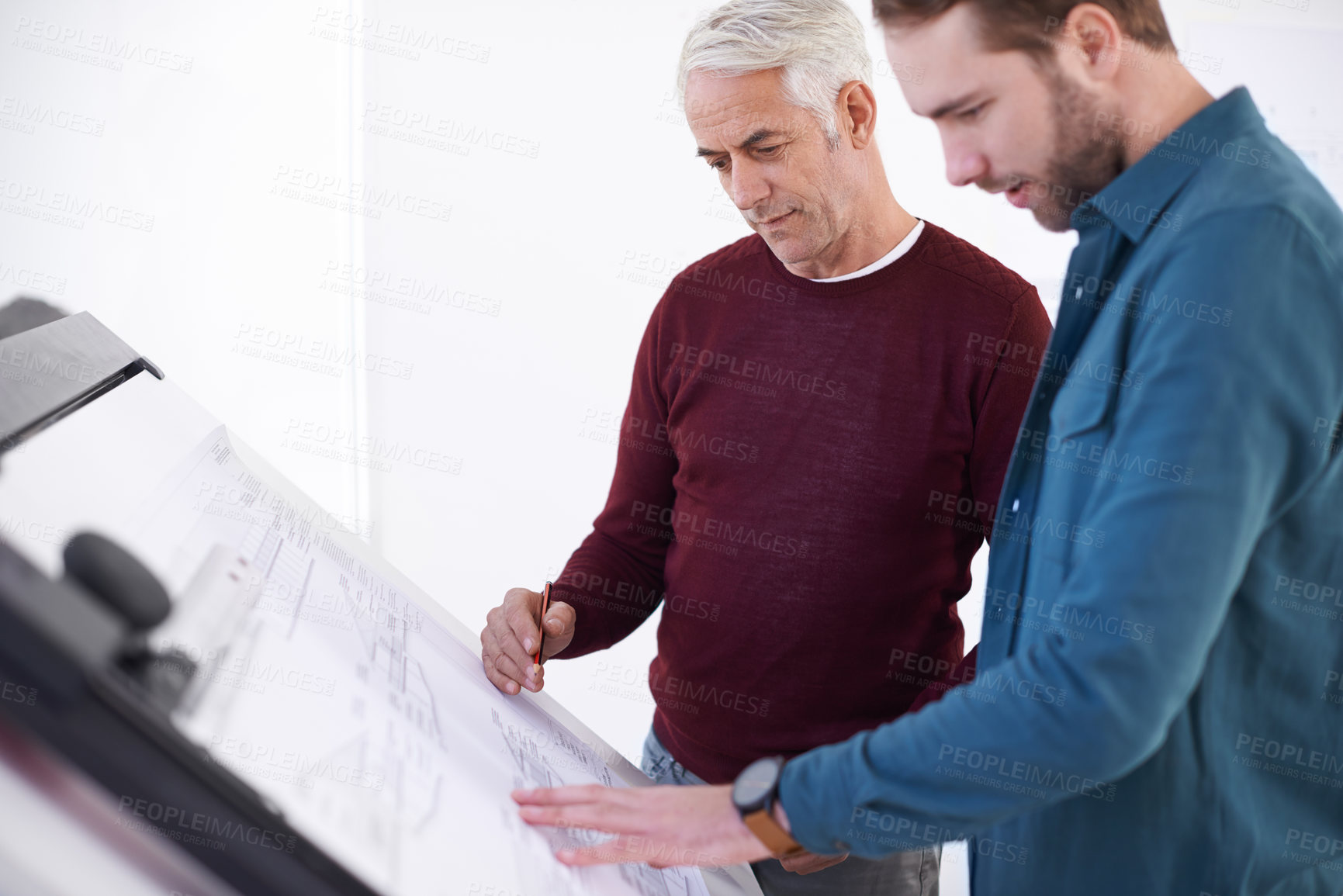 Buy stock photo Architecture, collaboration and draft table with business people meeting in boardroom of office for construction. Building, creative and man architect team in looking at blueprint in workplace