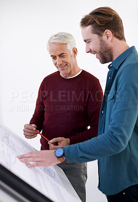 Buy stock photo Architect, plan and drawing board in office for discuss,  building for design and collab for illustration for project. Trainee with mentor or coworker with smile and show for blueprint and idea     