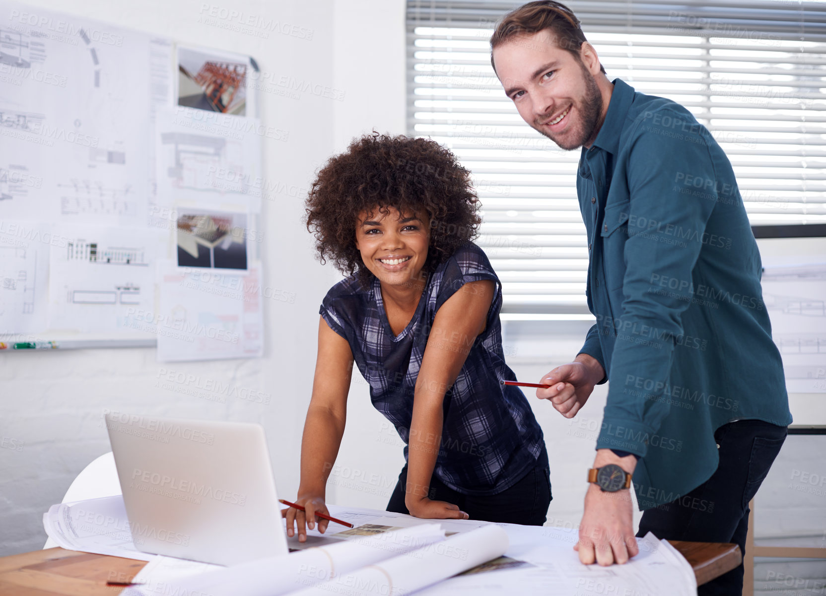 Buy stock photo Architecture, laptop and smile with business people meeting in boardroom of office for construction. Building, computer or creative with happy man and woman architect team in workplace for planning