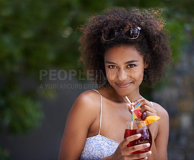 Buy stock photo African, woman and portrait with cocktail and sunglasses or summer vacation, relax or happy for wellness at resort. Holiday, tropical retreat or natural black female person, fruit liquid for drinking