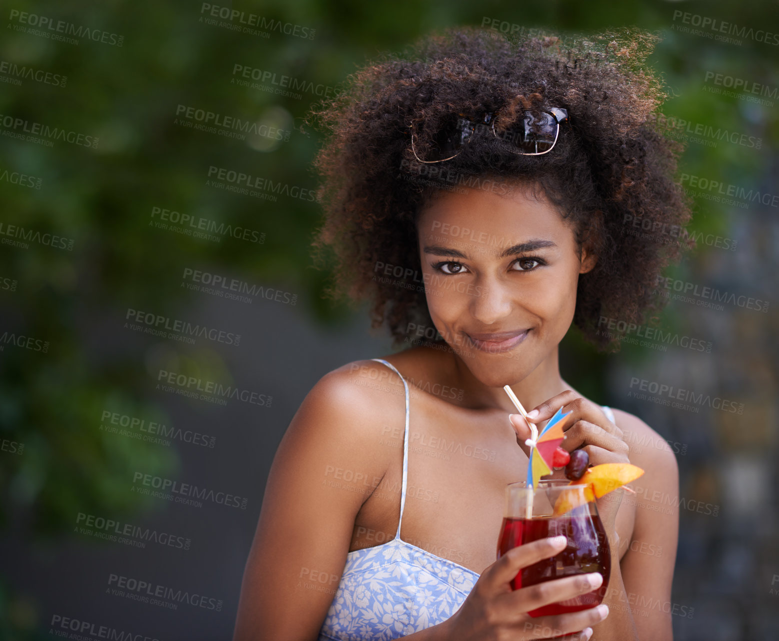 Buy stock photo African, woman and portrait with cocktail and sunglasses or summer vacation, relax or happy for wellness at resort. Holiday, tropical retreat or natural black female person, fruit liquid for drinking