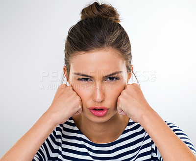 Buy stock photo Portrait, frustrated and angry with woman, stress and anxiety on a white studio background. Face, person and model with reaction and extreme emotion with expression and upset with emoji and crisis