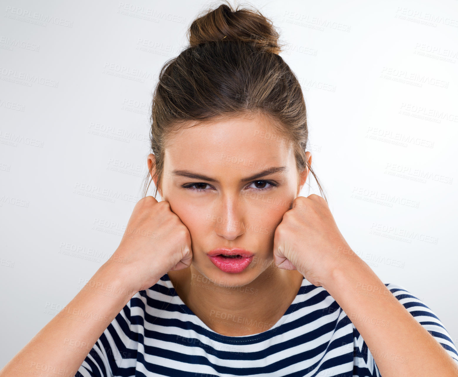 Buy stock photo Portrait, frustrated and angry with woman, stress and anxiety on a white studio background. Face, person and model with reaction and extreme emotion with expression and upset with emoji and crisis