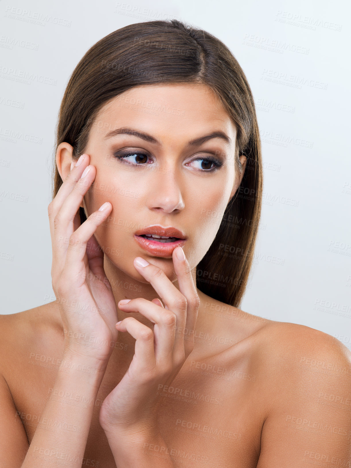 Buy stock photo Woman, studio and touch for soft skin, beauty and care for cosmetics on white background. Female person, wellness and dermatology by facial treatment, smooth and pamper at spa for healthy aesthetic