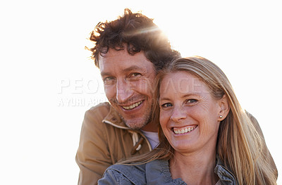 Buy stock photo Couple, hug and portrait with happiness, love and support with date for bonding and time together. Sunshine, nature and people outdoor for fresh air, loyalty and commitment with smile for affection