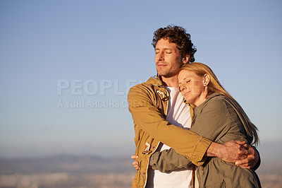 Buy stock photo Outdoor, hug and couple with love, marriage or happiness with romance or honeymoon with joy. People, embrace or woman with man or date with anniversary or relationship with sunset or bonding together