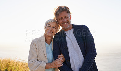 Buy stock photo Smile, hill and portrait of senior couple in nature for sunset walk, travel or retirement vacation. Coast, field and people with happiness for bonding, summer holiday or tourism in California