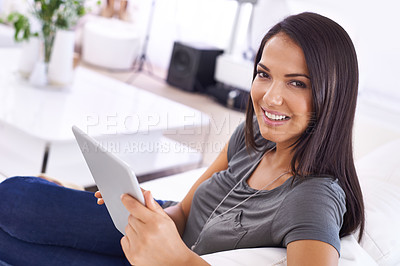 Buy stock photo Woman, couch and tablet for portrait on internet in home, comfortable and website for entertainment. Female person, online and app for blog and subscription, living room and relax on sofa for series