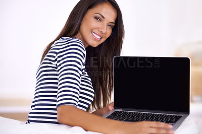 Buy stock photo Woman, laptop screen and mockup for tech advertising, smile for UX with website or ads for information. Portrait for online presentation, digital marketing and software with PC, network and internet