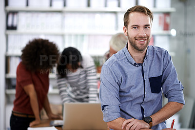 Buy stock photo Portrait, happy and businessman with confidence in workplace and worker in administration of records. Professional person, face or pride in career for archive or teamwork for protection of knowledge
