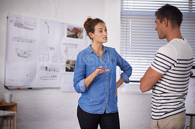 Buy stock photo Architecture, man and woman in discussion with blueprint, paperwork and ideas for building project. Civil engineering, development and teamwork with creative business people in design office together