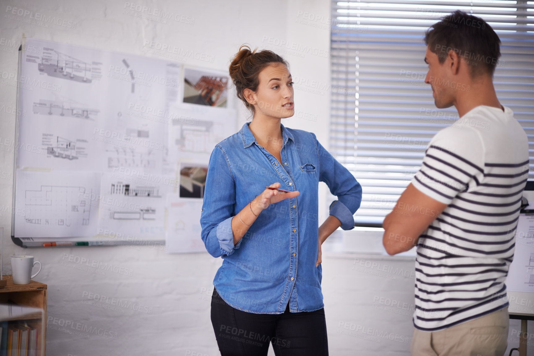 Buy stock photo Architecture, man and woman in discussion with blueprint, paperwork and ideas for building project. Civil engineering, development and teamwork with creative business people in design office together