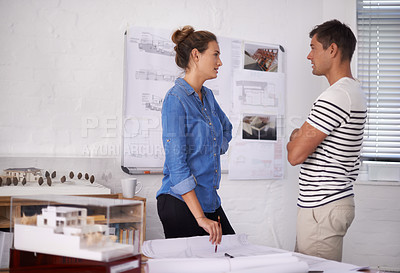 Buy stock photo Architecture, man and woman in team with blueprint, paperwork or ideas for building project manager. Civil engineering, development and meeting with creative business people in design office together