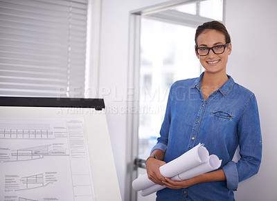 Buy stock photo Woman, architect and portrait with blueprint for construction, design and engineering with paperwork at office. Architecture, contractor and sketch of floor plan for renovation with creativity