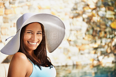 Buy stock photo Pool, smile and portrait of woman with sun hat for summer holiday, travel and relax at luxury resort. Happy, female person and vacation at retreat for weekend, break and adventure for wellness