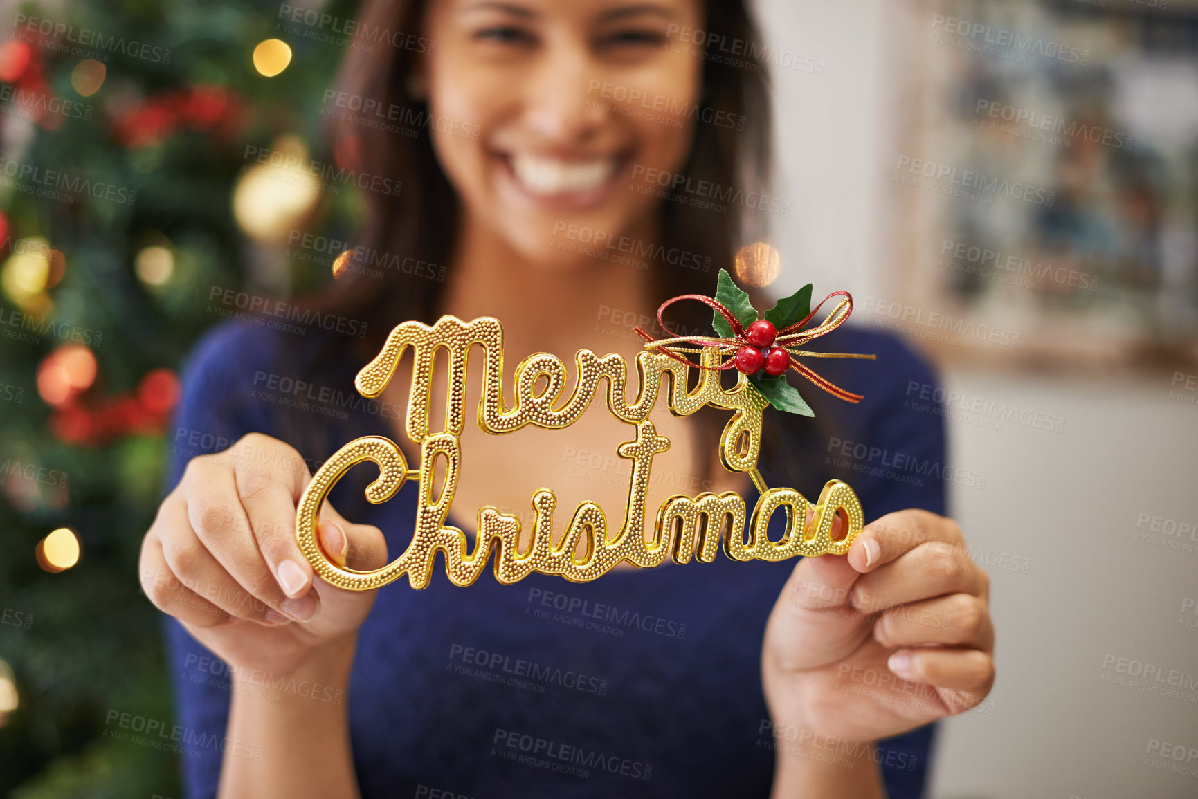 Buy stock photo Christmas, woman and decoration with smile for celebration, excited and relax. Xmas sign, young female or girl with happiness, ready for festive event and vacation party to enjoy holiday or ornament