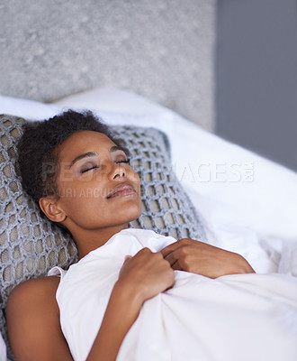 Buy stock photo Black woman, sleeping and bed with duvet sheets for morning, comfort or break at home. Young and tired African female person or model asleep in fatigue for weekend, holiday or peace in the bedroom