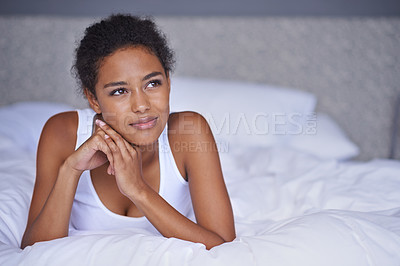 Buy stock photo Black woman, thinking and lying with bed sheets for vision, morning or memory in comfort at home. Face of African female person or model in wonder or thought for idea, reminder or rest in the bedroom