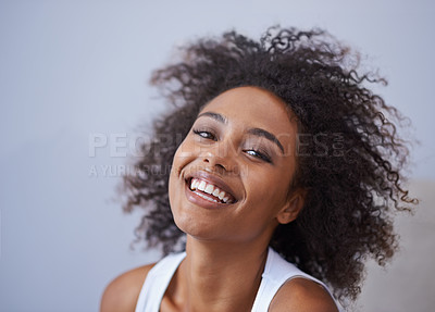 Buy stock photo Portrait of a beautiful and happy young woman