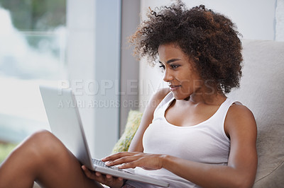 Buy stock photo Black woman, laptop or relax to scroll, social media or blog as article, meme or digital communication. Happy, female writer or blogger on computer as typing browsing or search of viral gif online