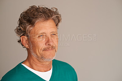 Buy stock photo Mature man, thinking and calm in studio, peace and memory to remember on brown background. Happy male person, positive and planning for wellness in retirement, face and daydreaming on mockup space