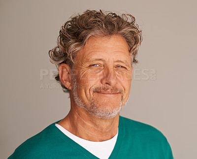 Buy stock photo Mature man, portrait and happy in studio, peace and confidence for wrinkles on brown background. Male person, positive face and proud of wellness or health, smile and satisfaction on mockup space