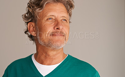 Buy stock photo Mature man, thinking and smile in studio, peace and memory to remember on brown background. Happy male person, positive and planning for wellness in retirement, calm and daydreaming on mockup space