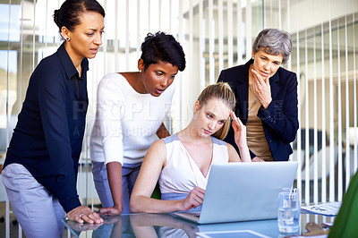 Buy stock photo Teamwork, meeting and business women on laptop for research, website review and online project. Company startup, corporate and people on computer for planning, discussion and collaboration in office