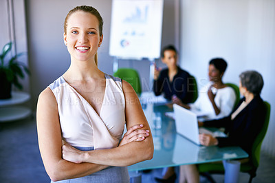 Buy stock photo Portrait, graduate and woman in office, workspace and employee for corporate career with staff or coworking. Female person, happy worker and intern for business, banking job and investment company