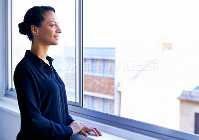 Buy stock photo Vision, thinking and woman at window in office with business idea, opportunity and smile. Reflection, memory and businesswoman planning future growth, ambition and inspiration for dream job on mockup
