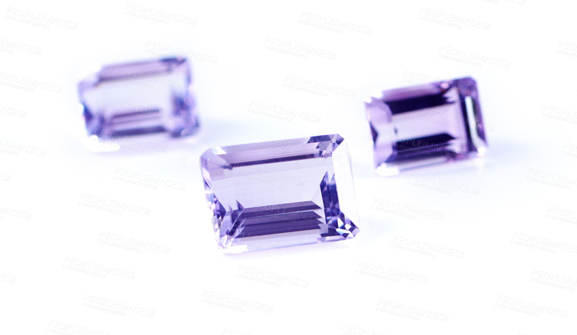 Buy stock photo Gemstone, jewel and amethyst in studio with isolated white background for natural resource, baguette and sparkle for luxury. Rock, purple crystal and reflection in closeup for shine, glow and mineral