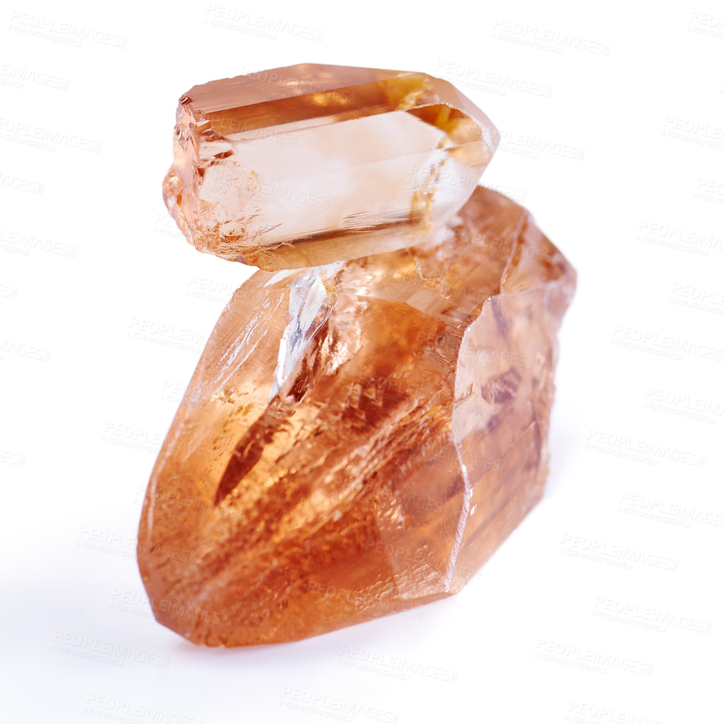 Buy stock photo Gem, crystal and orange stone in studio with isolated white background for natural resource, shine and sparkle for luxury. Rock, jewel and reflection in closeup for citrine, glow and mineral