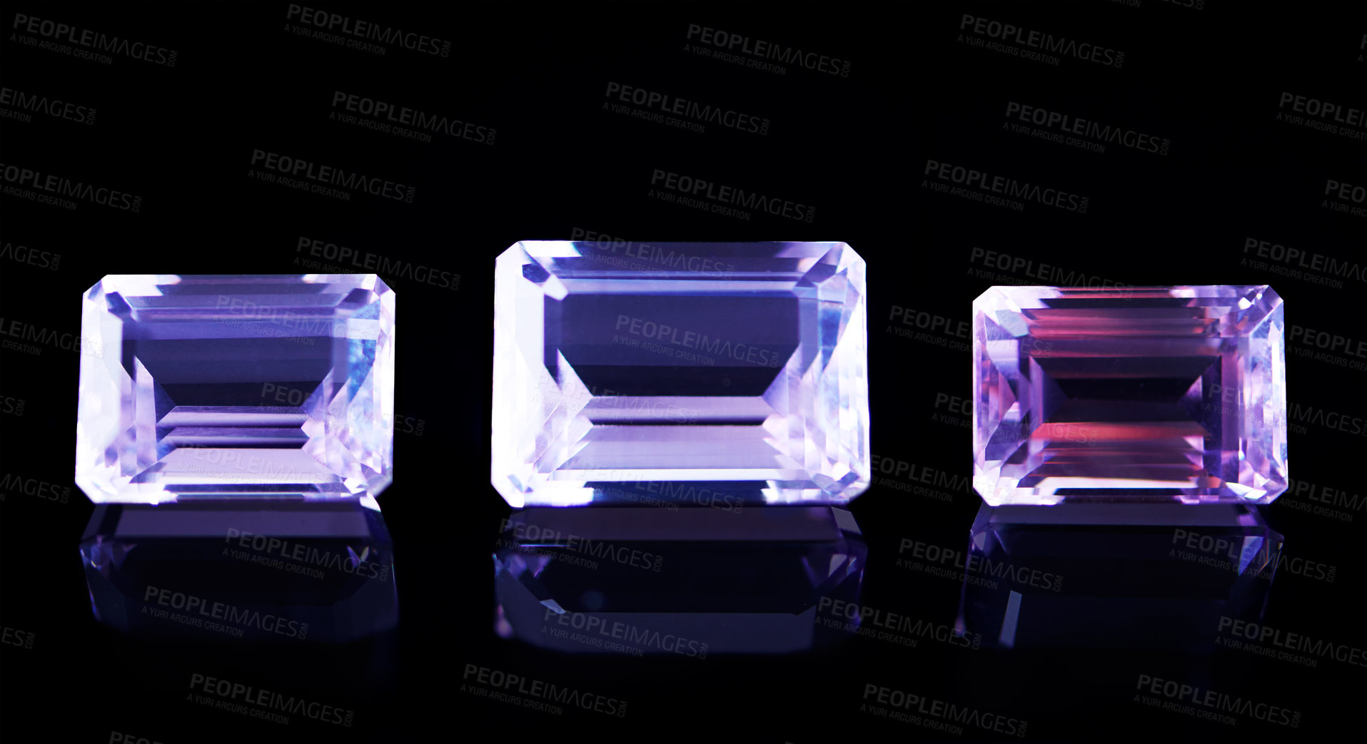 Buy stock photo Amethyst, rocks or collection in studio by black background for natural resource, jewelry or baguette for luxury. Gemstone, purple crystal and closeup for sparkle with shine, glow or brilliant cut