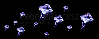 Buy stock photo Amethyst, stone and gem in studio by black background for natural product, jewelry or baguette in luxury collection. Gemstone, purple crystal and closeup for display with shine, glow or brilliant cut