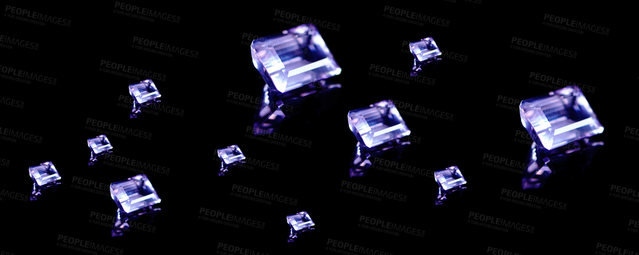 Buy stock photo Amethyst, stone and gem in studio by black background for natural product, jewelry or baguette in luxury collection. Gemstone, purple crystal and closeup for display with shine, glow or brilliant cut