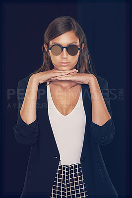 Buy stock photo Studio, fashion and portrait of woman with sunglasses stylish for cool, edgy and trendy style with confidence. Serious, elegant and female model on black background with pride from Australia 