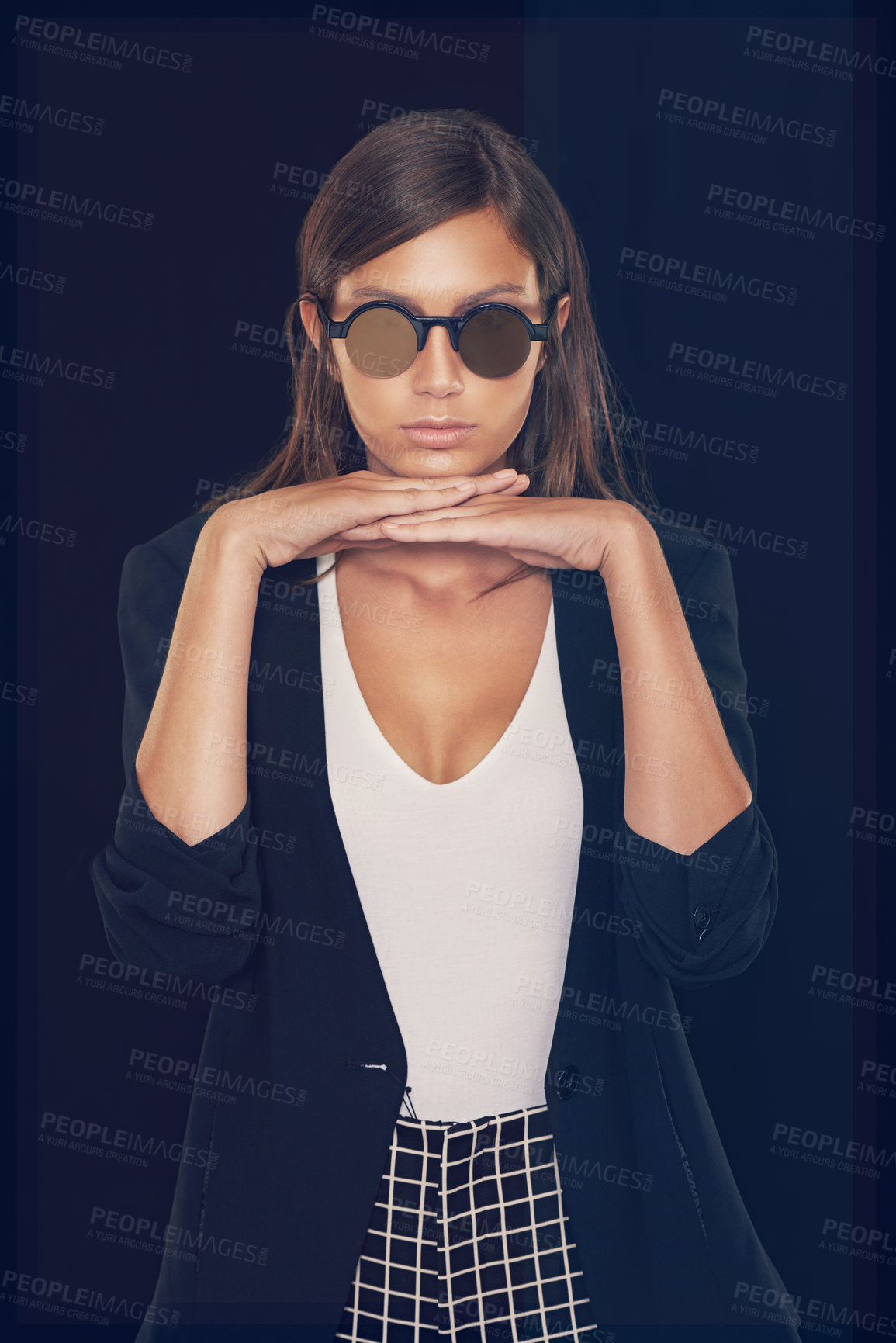 Buy stock photo Studio, fashion and portrait of woman with sunglasses stylish for cool, edgy and trendy style with confidence. Serious, elegant and female model on black background with pride from Australia 