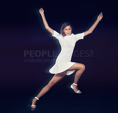 Buy stock photo Portrait, woman and dancing in black background with balance, movement and beauty for performance. Professional dancer, training and practice for concert in studio creative, confident and elegant