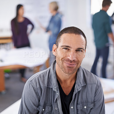 Buy stock photo Building, smile and portrait of architect man in office for creative, design or project management. Architecture, construction and development with face of mature designer in professional workplace