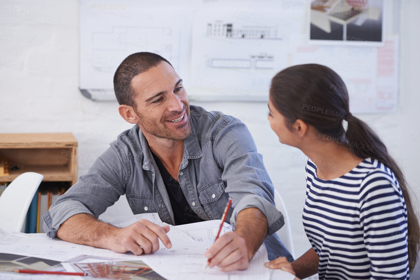 Buy stock photo Man, woman and architecture teamwork with blueprint drawing for project collaboration, illustration or renovation. Colleagues, pencil and building property for sketch engineer, design or planning