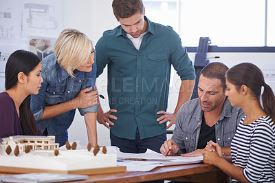 Buy stock photo Architecture, teamwork and planning with floor plan or model construction as 3d design, blueprint or collaboration. Men, woman and project contractor for building development, sketch or engineering