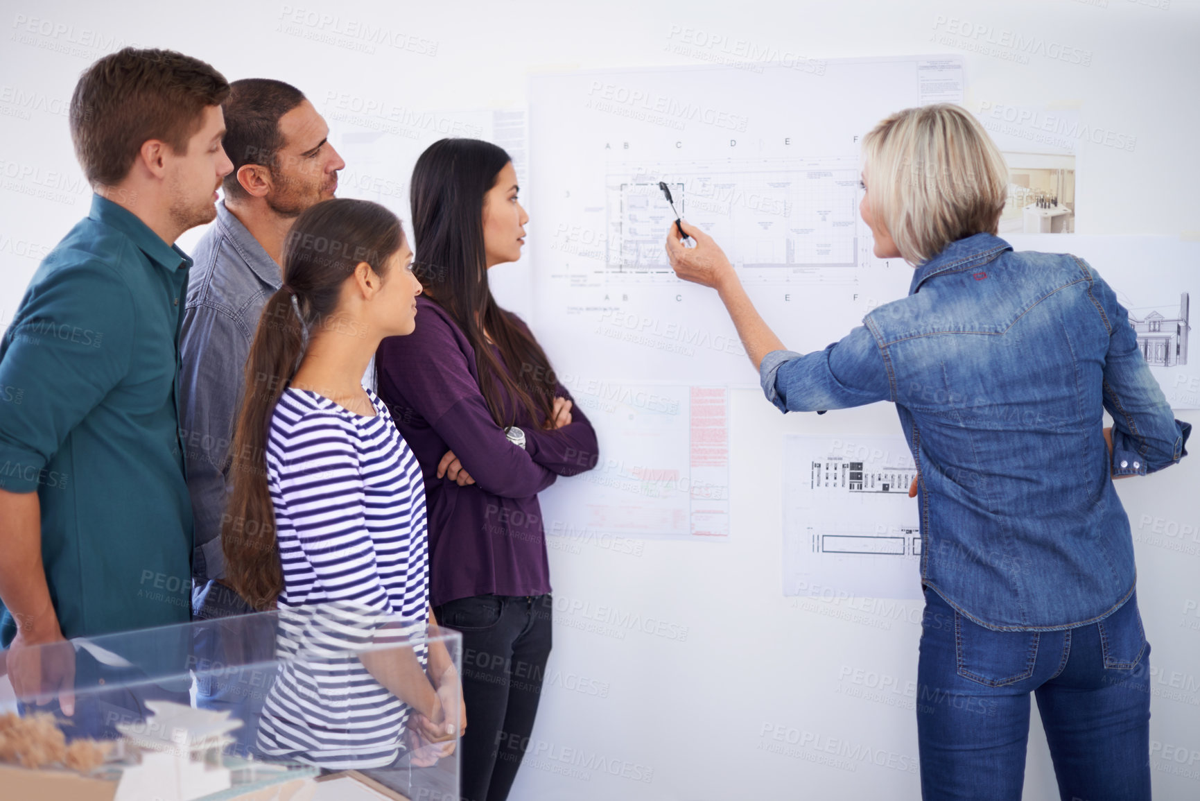 Buy stock photo Architecture, blueprint and presentation with developer team in office together for meeting or planning. Building, collaboration or construction with man and woman architect group in design workplace